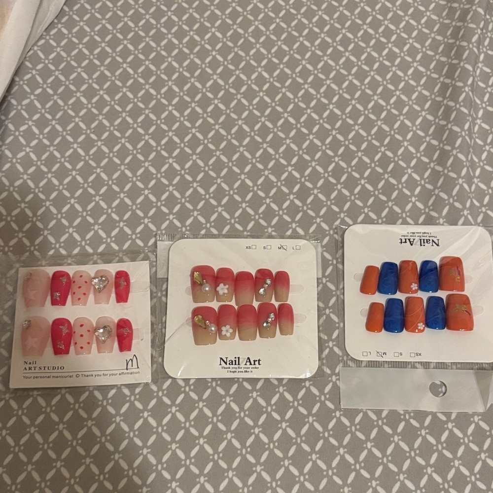 Press-On Nail Set - Pink Floral, Coral Ombre & Blue-Orange Mix